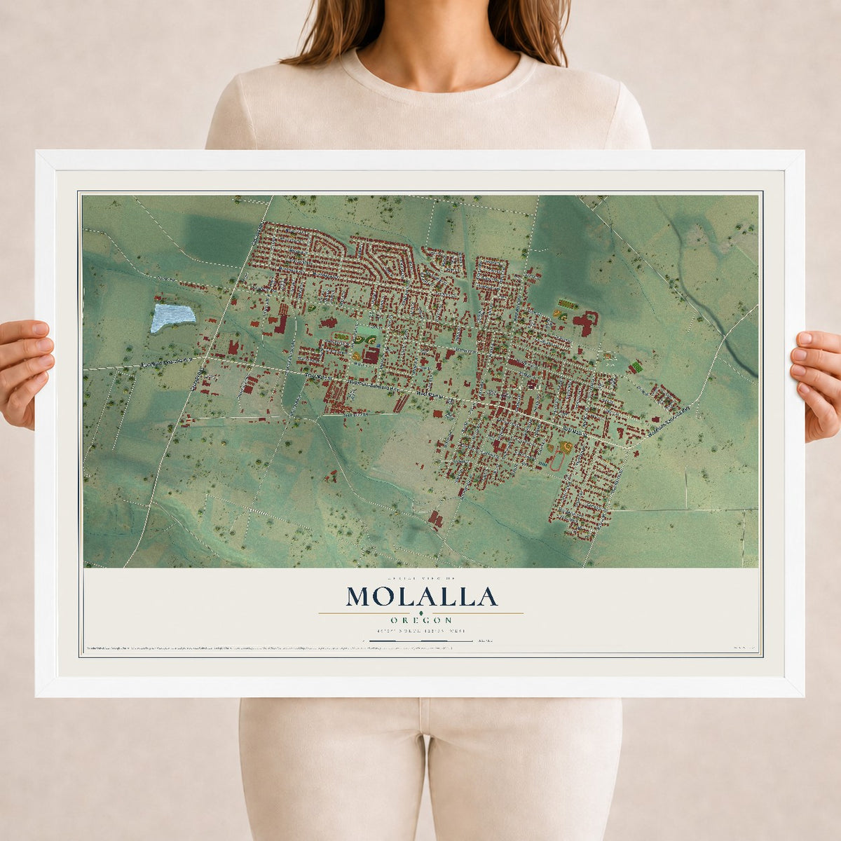 Map of Molalla, Oregon, 18 x 24 inch print in a white wood frame