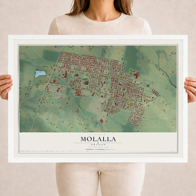 Map of Molalla, Oregon, 18 x 24 inch print in a white wood frame