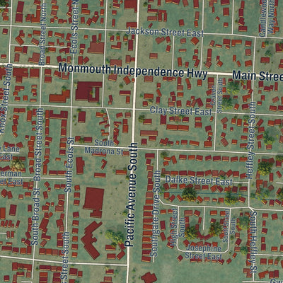 Close-up of the map of Monmouth, Oregon print showing street and building detail