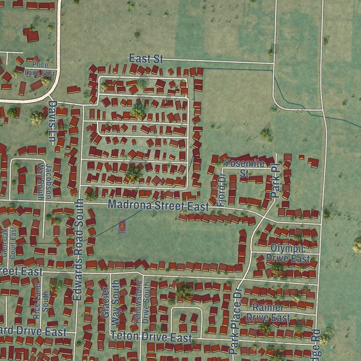 Second close-up of the map of Monmouth, Oregon print showing more streets and buildings