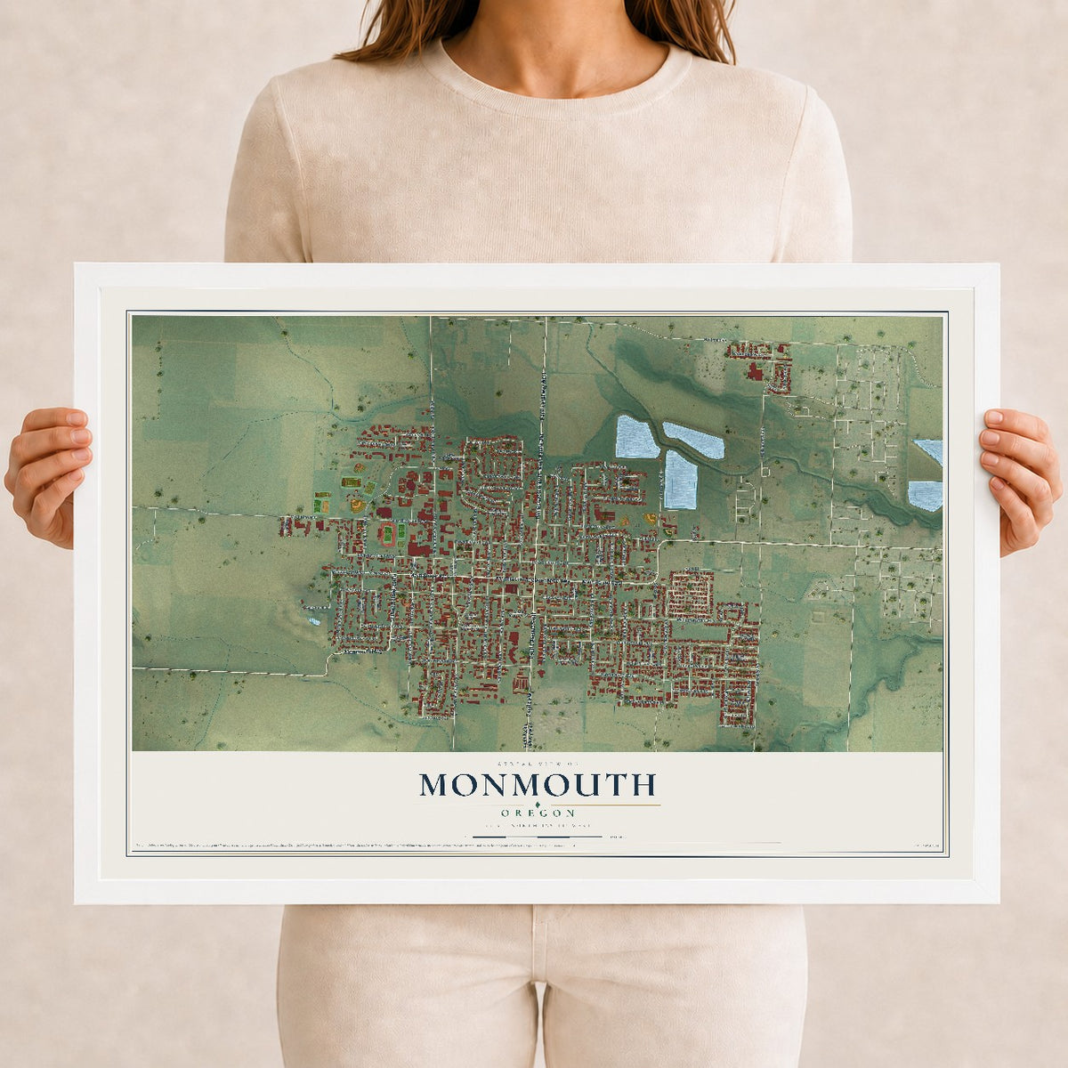 Map of Monmouth, Oregon, 12 x 18 inch print in a white wood frame