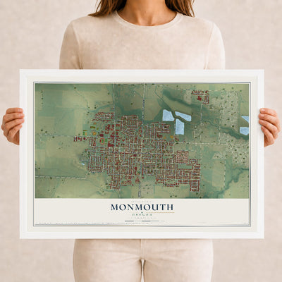 Map of Monmouth, Oregon, 12 x 18 inch print in a white wood frame