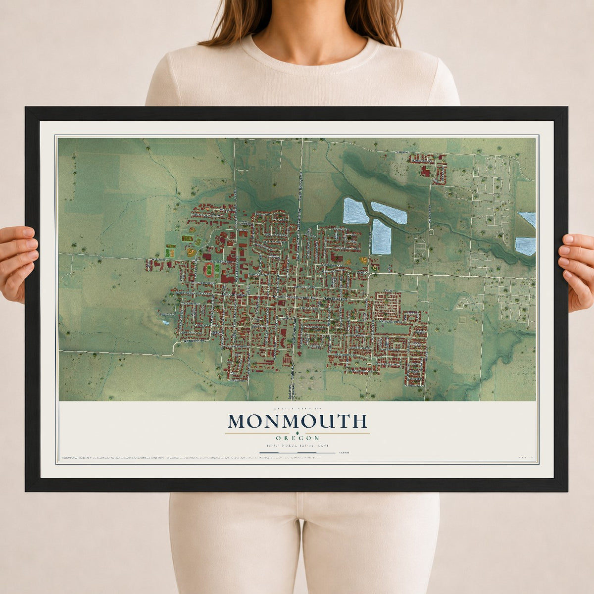 Map of Monmouth, Oregon, 18 x 24 inch print in a black wood frame