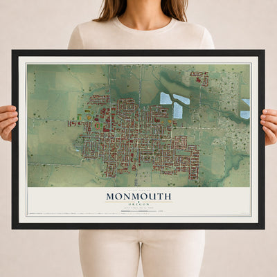 Map of Monmouth, Oregon, 18 x 24 inch print in a black wood frame