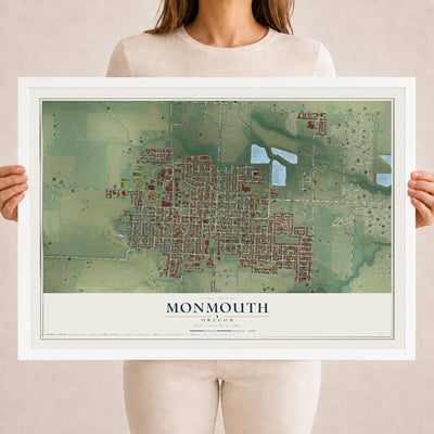 Map of Monmouth, Oregon, 18 x 24 inch print in a white wood frame