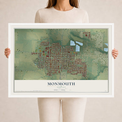 Map of Monmouth, Oregon, 24 x 36 inch print in a white wood frame