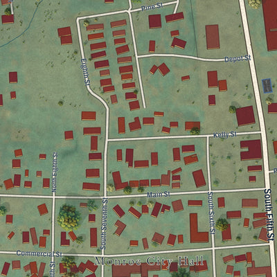 Close-up of the map of Monroe, Oregon print showing street and building detail