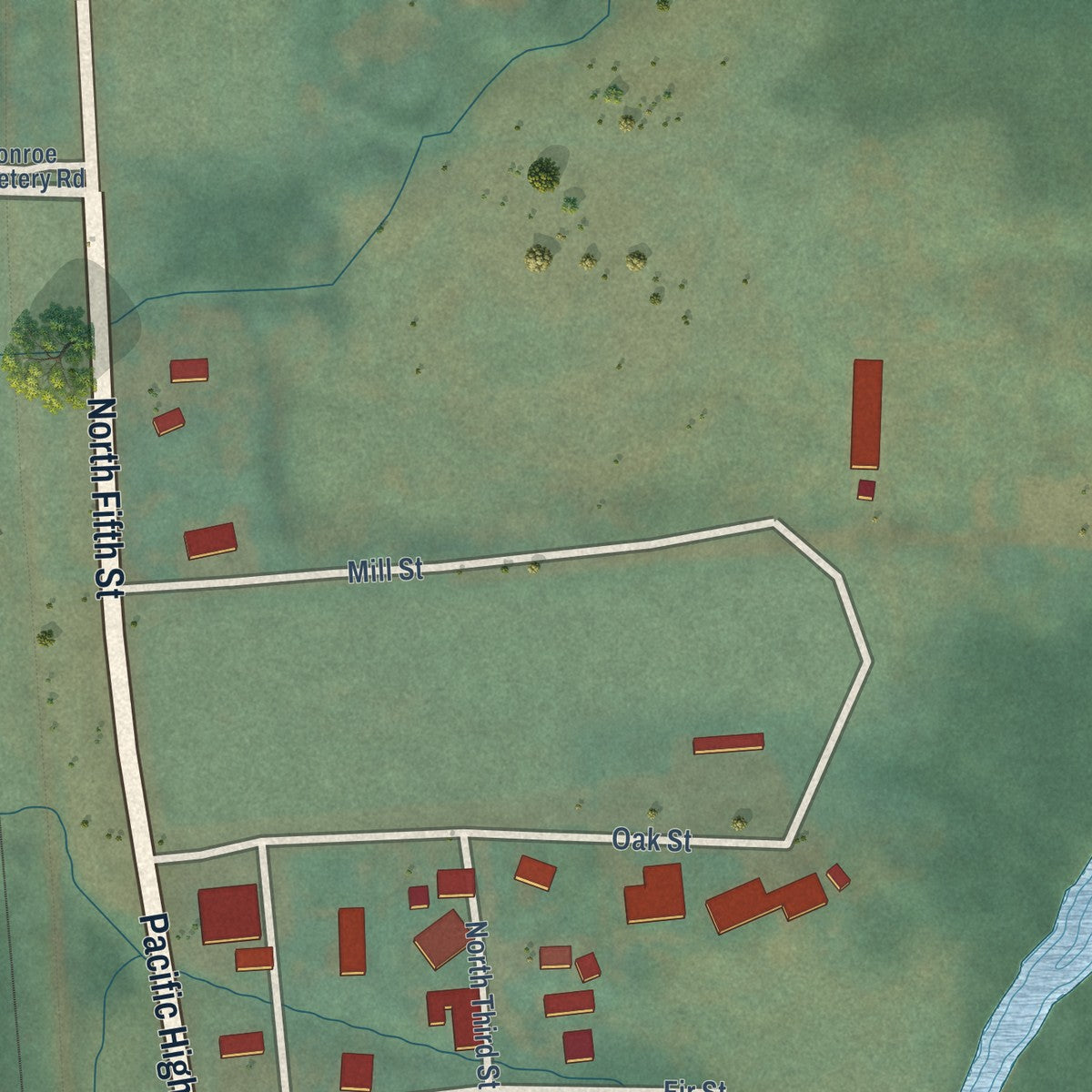 Second close-up of the map of Monroe, Oregon print showing more streets and buildings