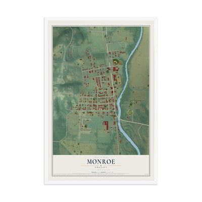 Map of Monroe, Oregon, 12 x 18 inch print in a white wood frame