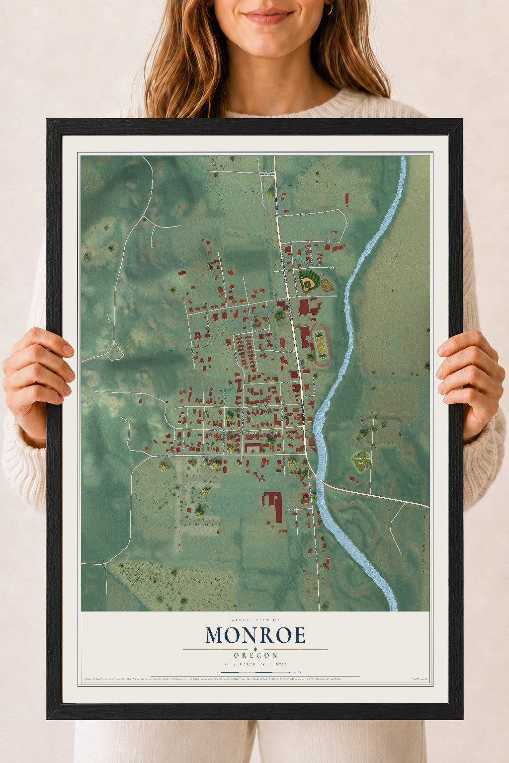 Map of Monroe, Oregon, 18 x 24 inch print in a black wood frame