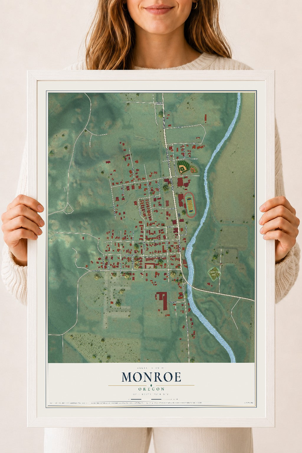 Map of Monroe, Oregon, 18 x 24 inch print in a white wood frame