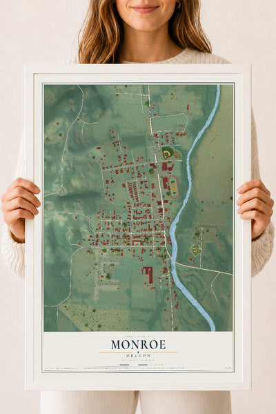 Map of Monroe, Oregon, 18 x 24 inch print in a white wood frame