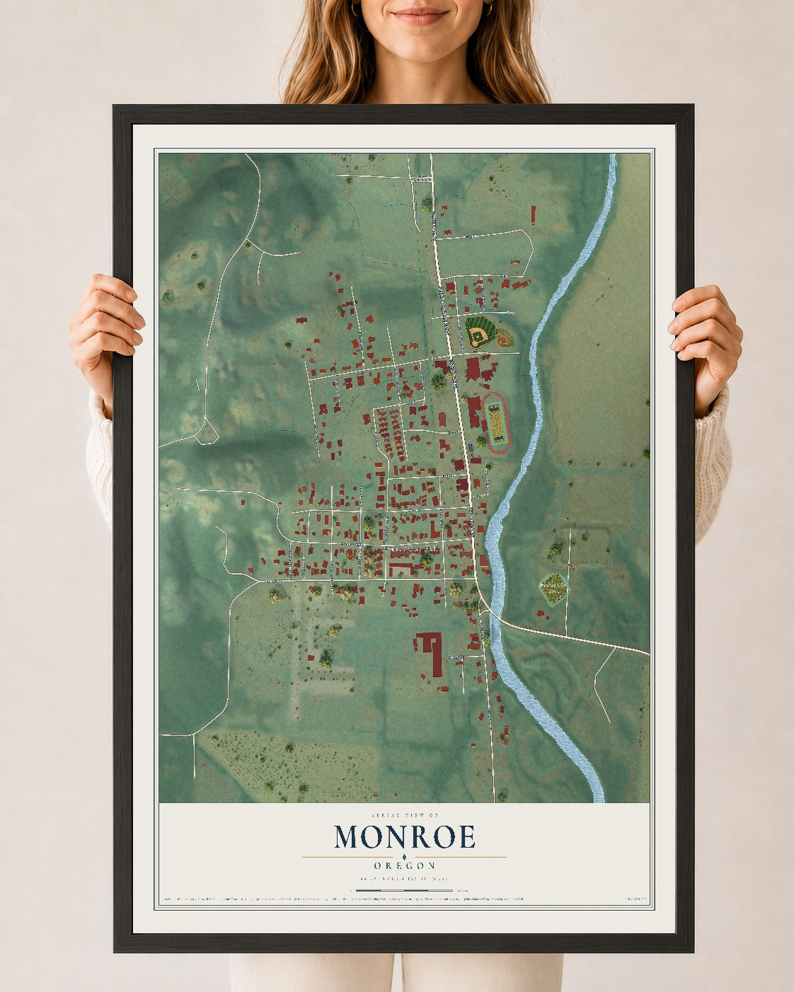 Map of Monroe, Oregon, 24 x 36 inch print in a black wood frame