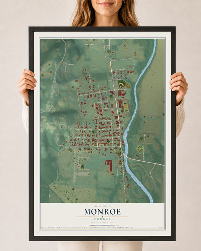 Map of Monroe, Oregon, 24 x 36 inch print in a black wood frame