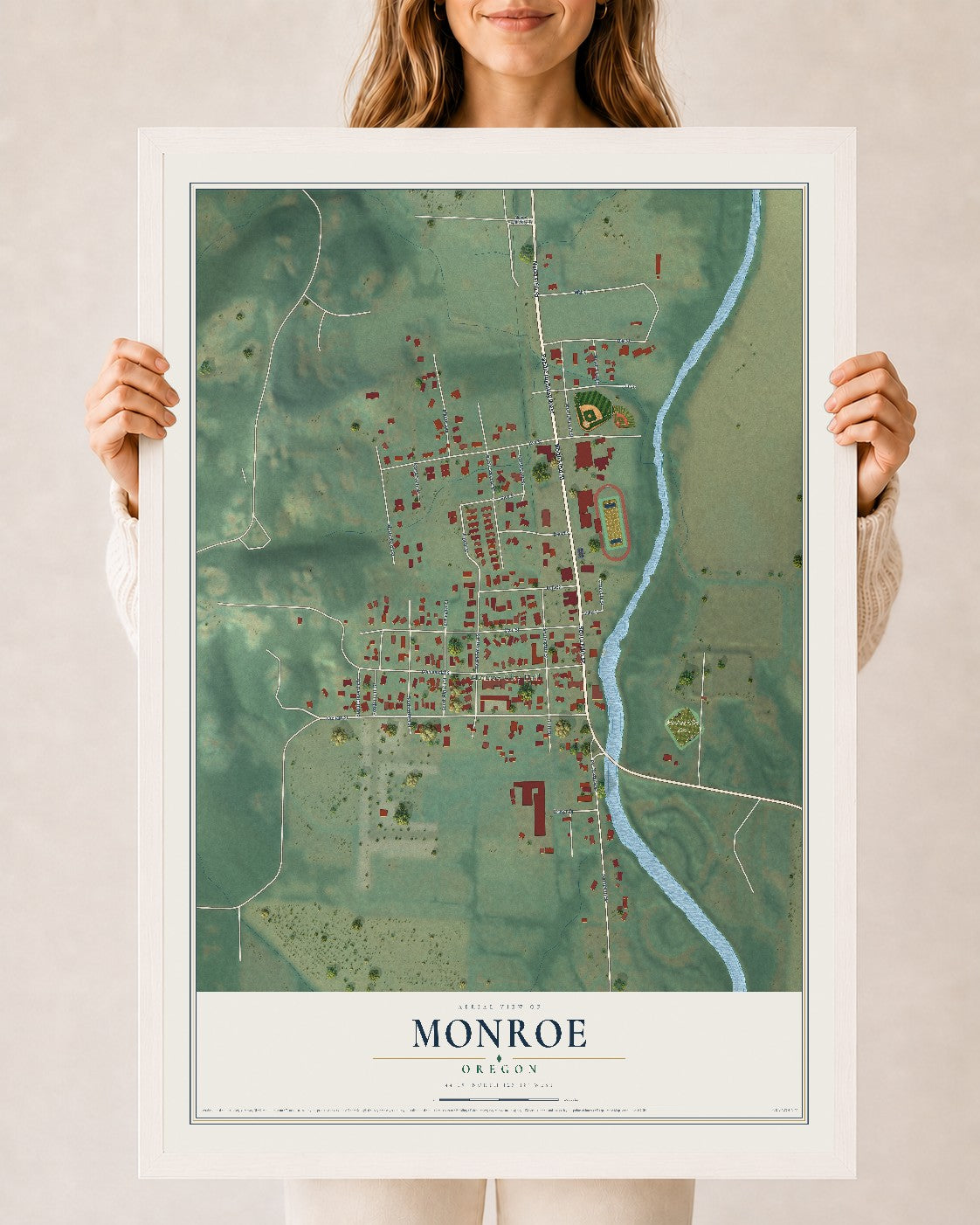 Map of Monroe, Oregon, 24 x 36 inch print in a white wood frame