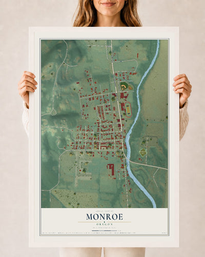 Map of Monroe, Oregon, 24 x 36 inch print in a white wood frame