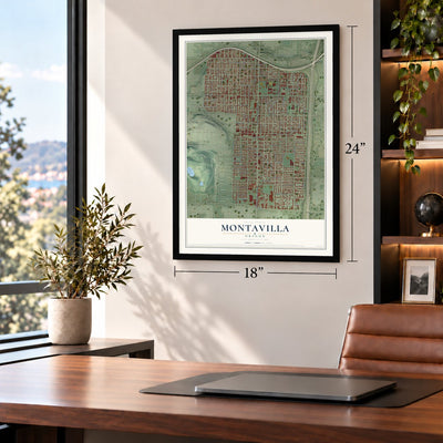 Montavilla, Oregon map, 18 x 24 inch print in a black frame in a home office