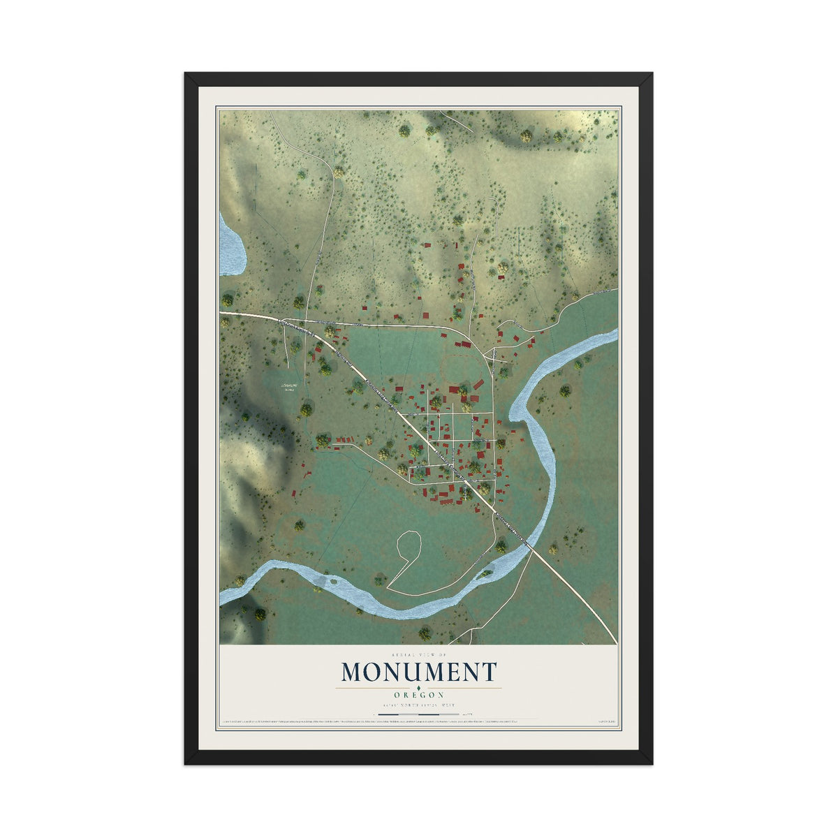 Map of Monument, Oregon, 12 x 18 inch print in a black wood frame