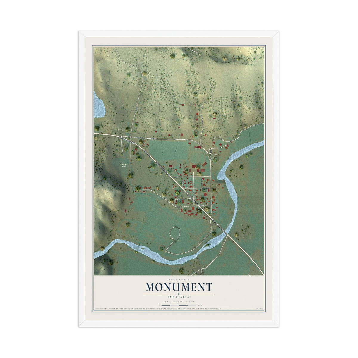 Map of Monument, Oregon, 12 x 18 inch print in a white wood frame