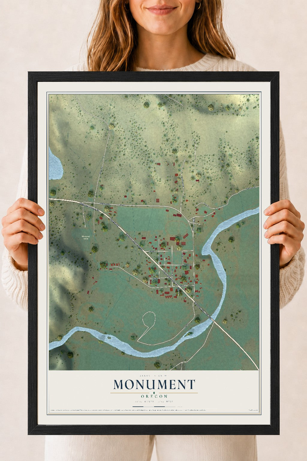 Map of Monument, Oregon, 18 x 24 inch print in a black wood frame