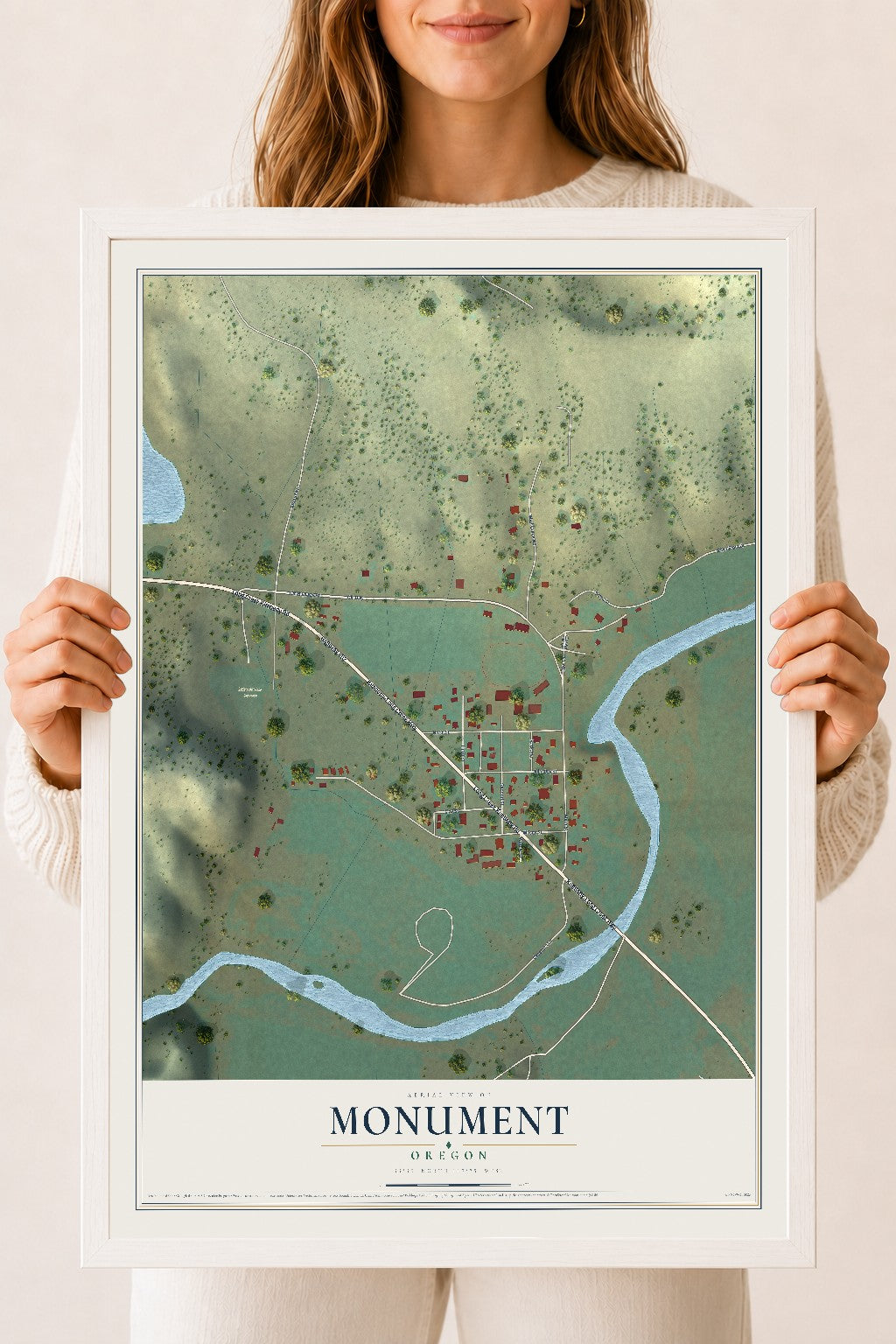 Map of Monument, Oregon, 18 x 24 inch print in a white wood frame