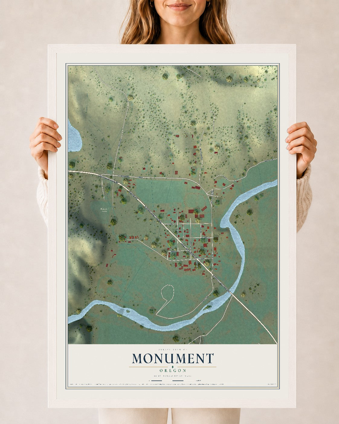 Map of Monument, Oregon, 24 x 36 inch print in a white wood frame