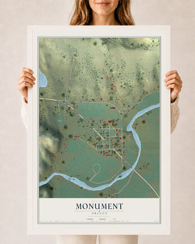 Map of Monument, Oregon, 24 x 36 inch print in a white wood frame