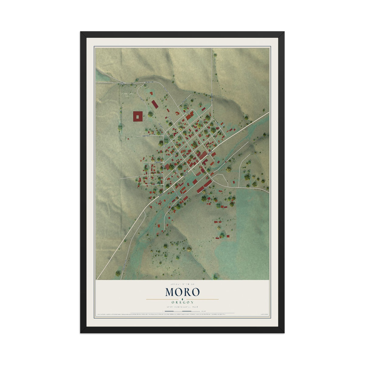 Map of Moro, Oregon, 12 x 18 inch print in a black wood frame