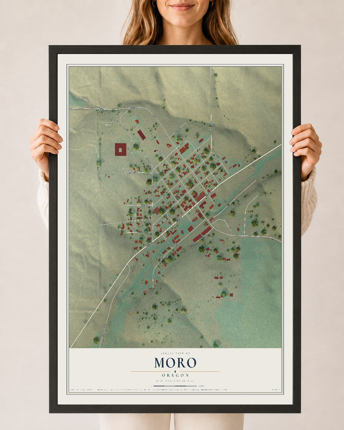 Map of Moro, Oregon, 24 x 36 inch print in a black wood frame