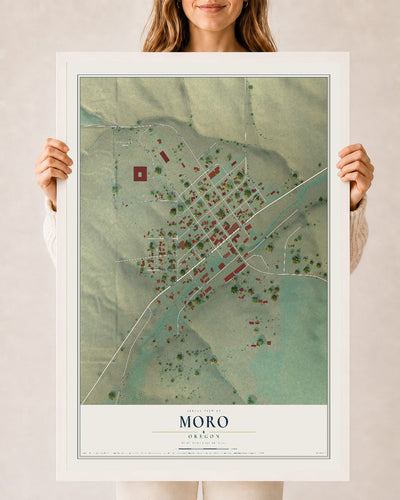 Map of Moro, Oregon, 24 x 36 inch print in a white wood frame