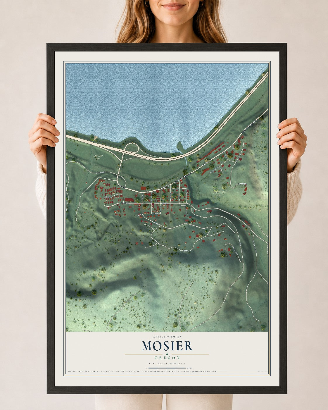 Map of Mosier, Oregon, 24 x 36 inch print in a black wood frame