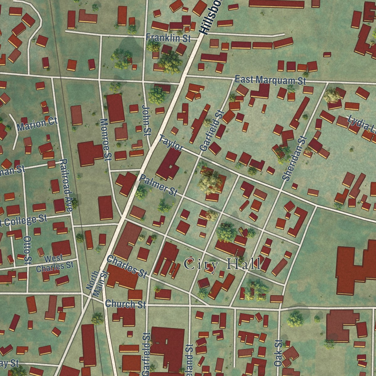 Close-up of the map of Mount Angel, Oregon print showing street and building detail
