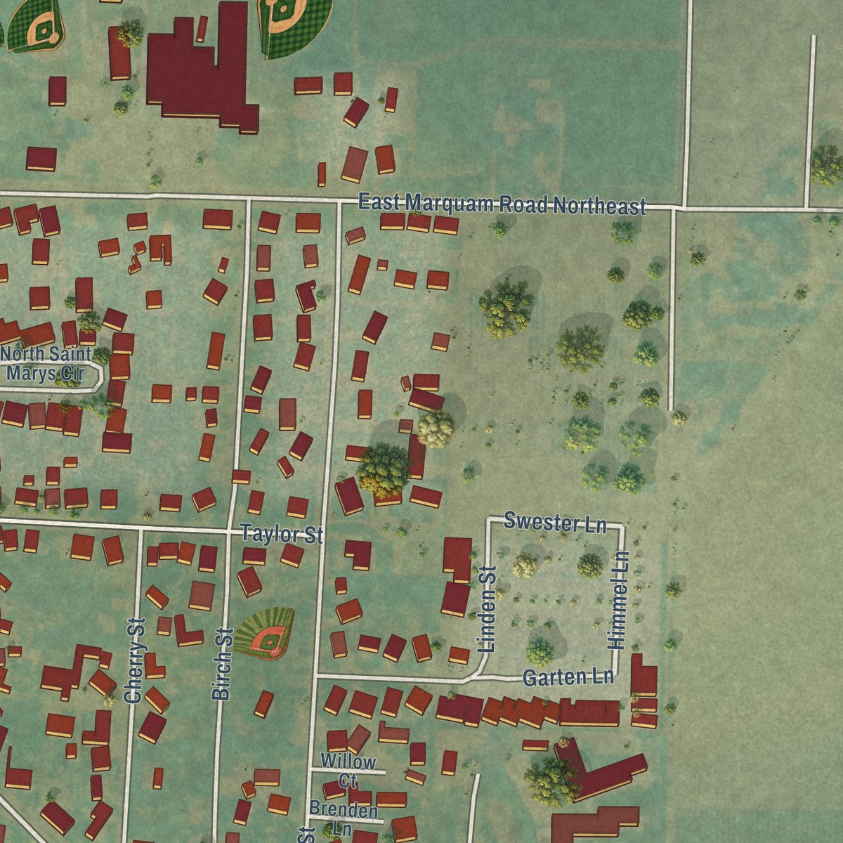 Second close-up of the map of Mount Angel, Oregon print showing more streets and buildings