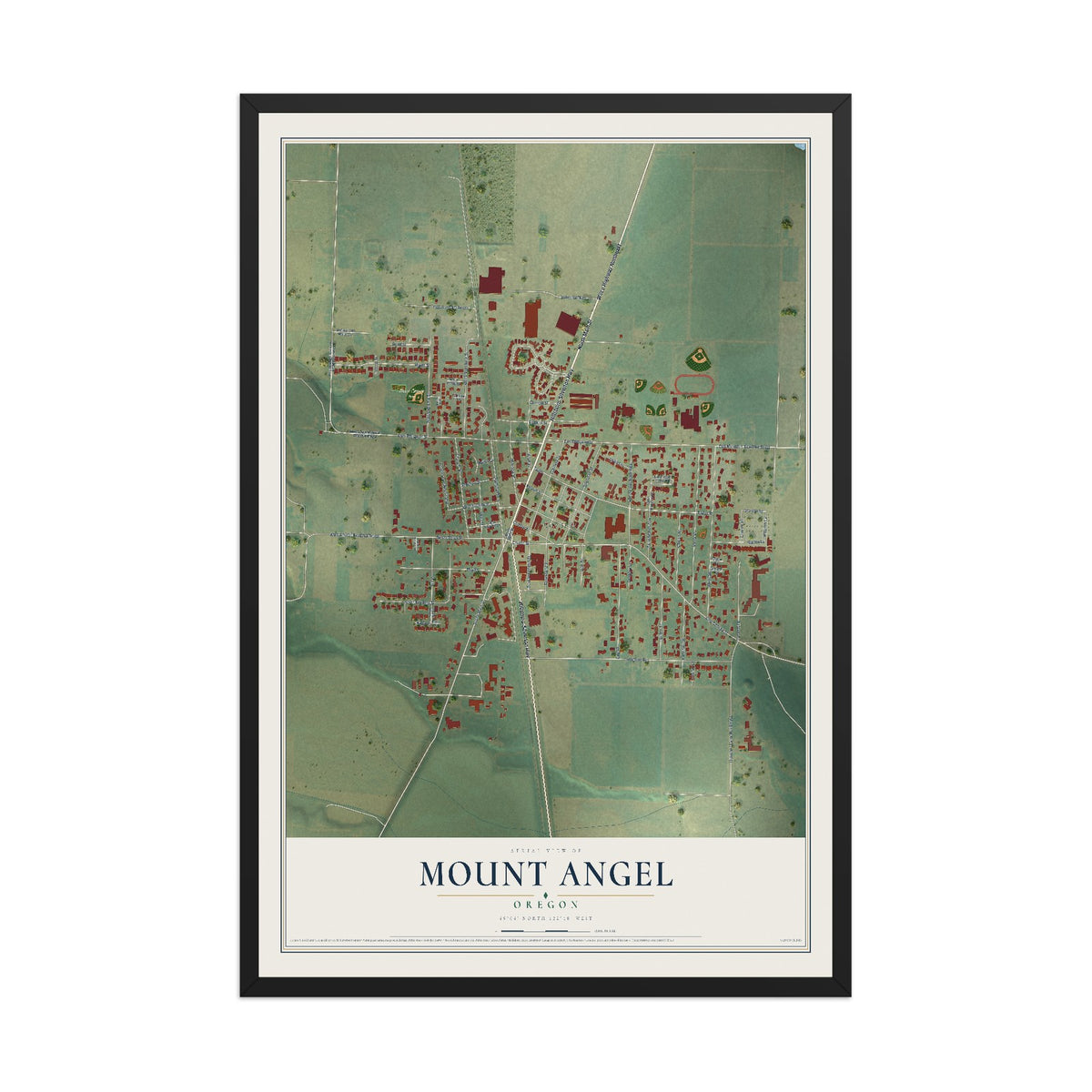Map of Mount Angel, Oregon, 12 x 18 inch print in a black wood frame