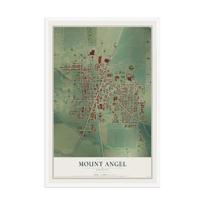 Map of Mount Angel, Oregon, 12 x 18 inch print in a white wood frame