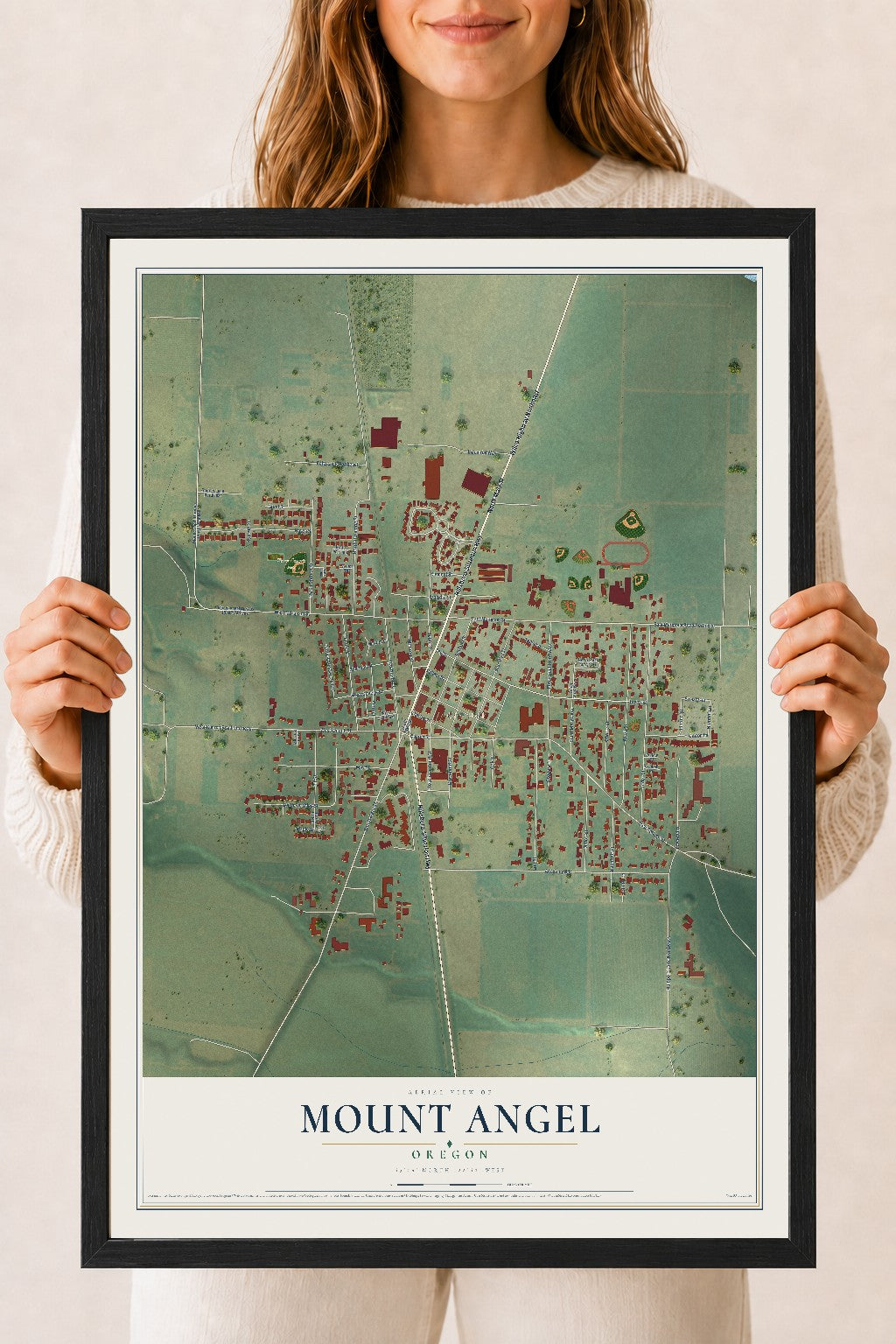 Map of Mount Angel, Oregon, 18 x 24 inch print in a black wood frame