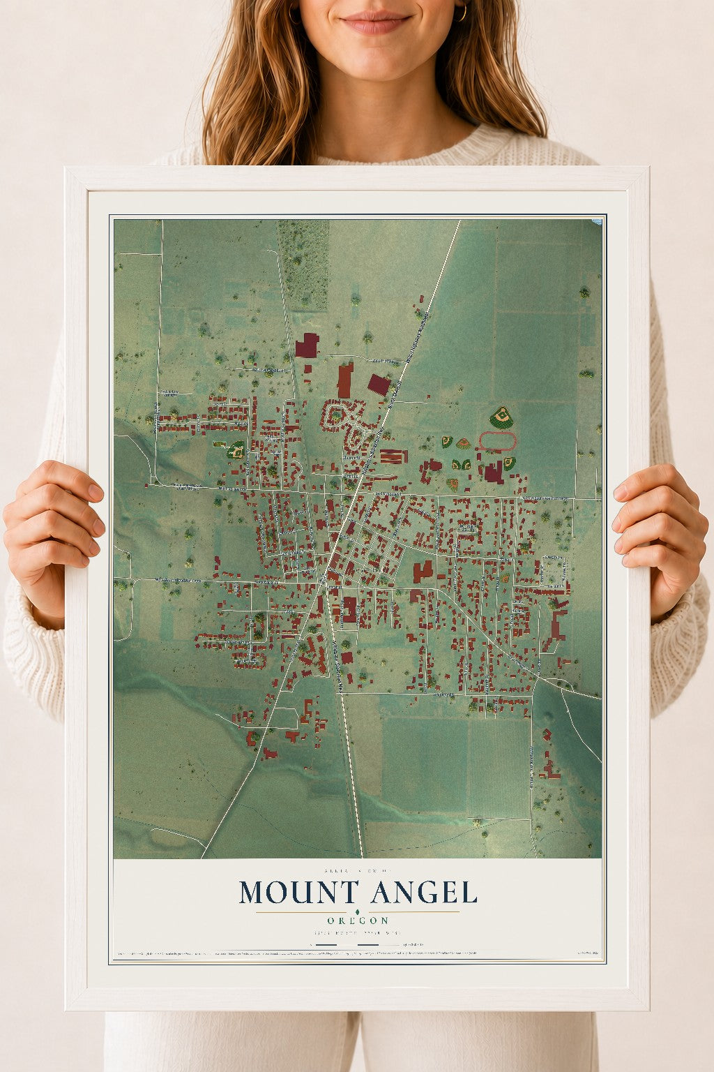 Map of Mount Angel, Oregon, 18 x 24 inch print in a white wood frame