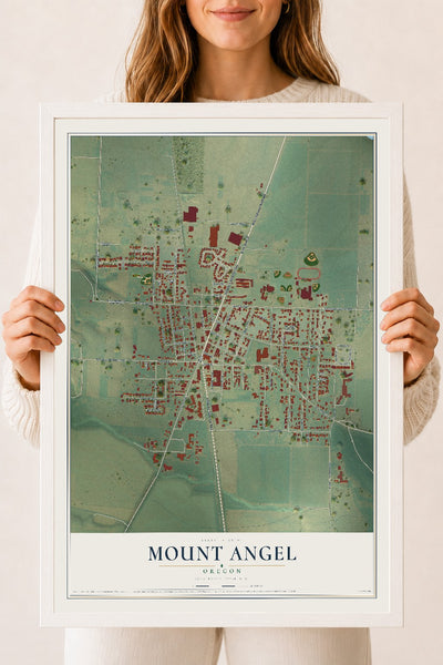 Map of Mount Angel, Oregon, 18 x 24 inch print in a white wood frame