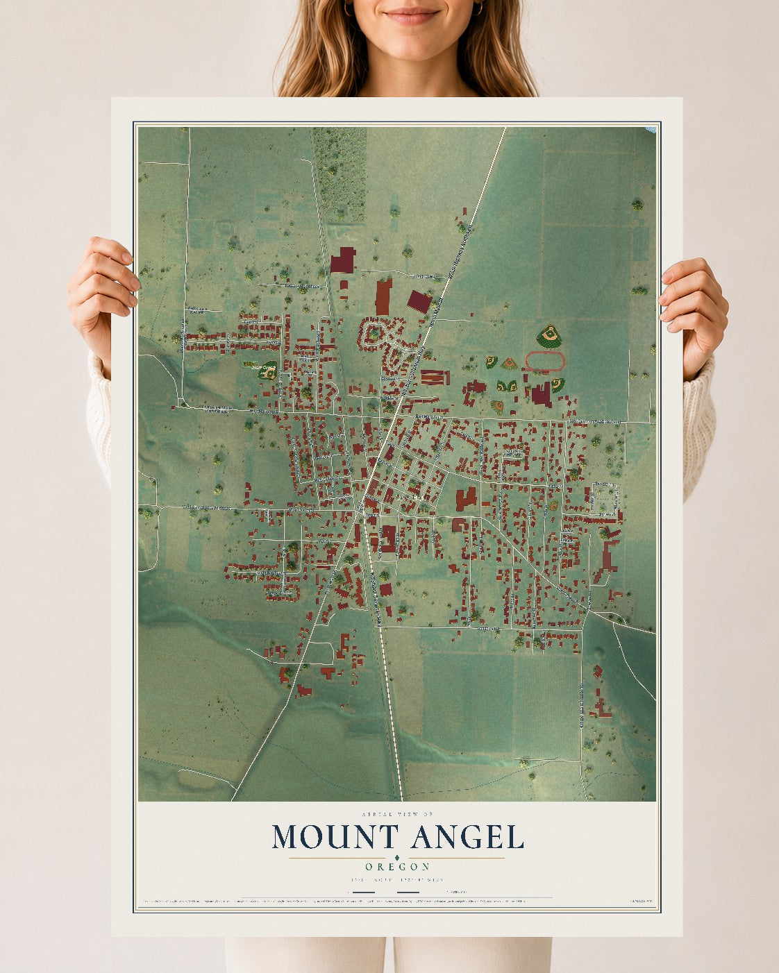 Map of Mount Angel, Oregon, 24 x 36 inch unframed archival matte print