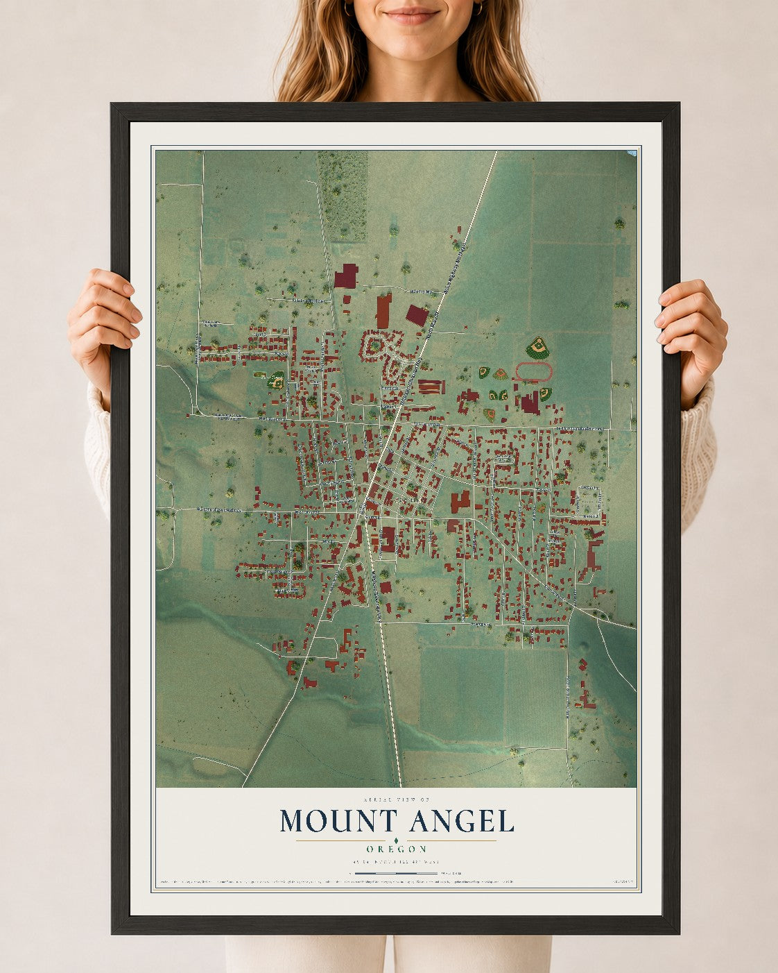 Map of Mount Angel, Oregon, 24 x 36 inch print in a black wood frame