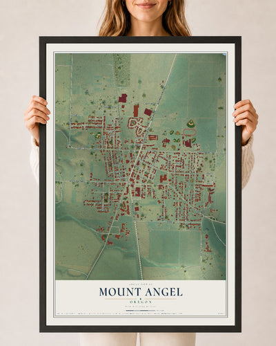 Map of Mount Angel, Oregon, 24 x 36 inch print in a black wood frame