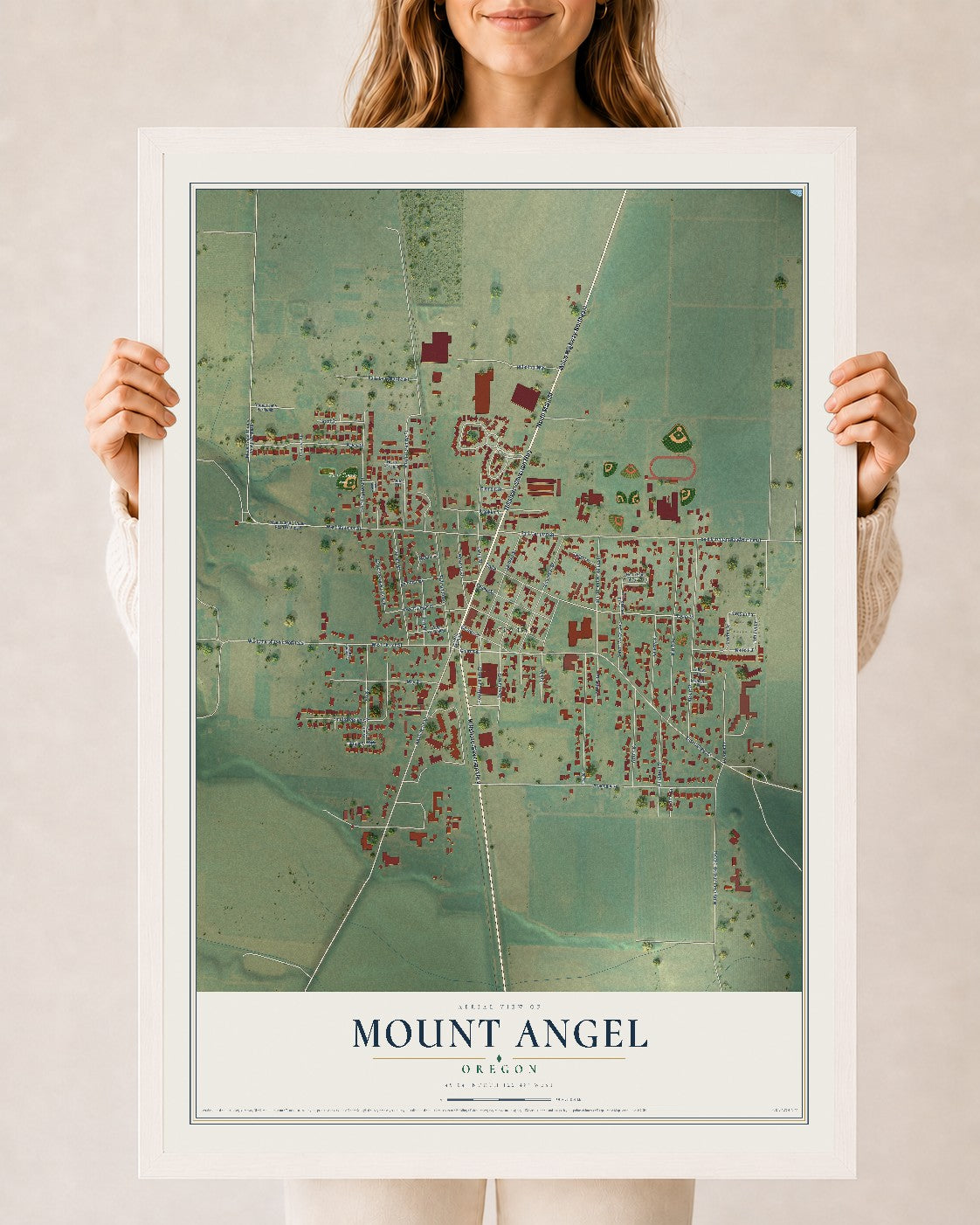 Map of Mount Angel, Oregon, 24 x 36 inch print in a white wood frame