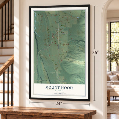 Mount Hood, Oregon map, 24 x 36 inch print in a black frame by a staircase