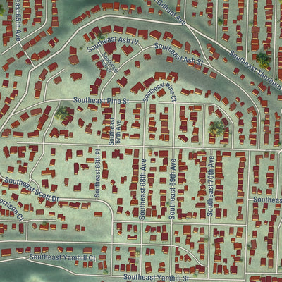 Close-up of the map of Mount Tabor, Oregon print showing street and building detail
