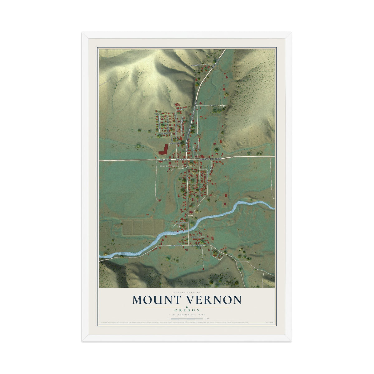 Map of Mount Vernon, Oregon, 12 x 18 inch print in a white wood frame