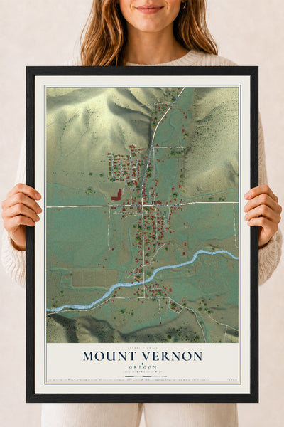 Map of Mount Vernon, Oregon, 18 x 24 inch print in a black wood frame