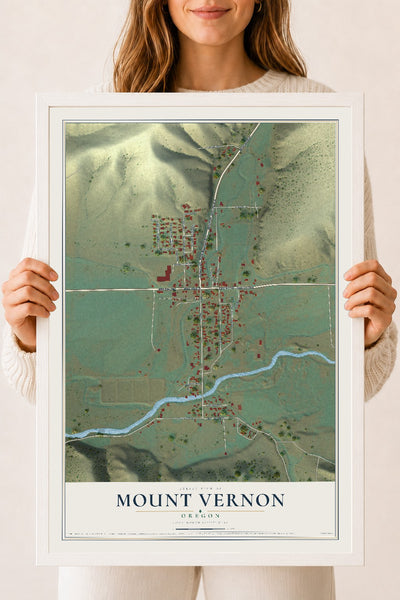 Map of Mount Vernon, Oregon, 18 x 24 inch print in a white wood frame