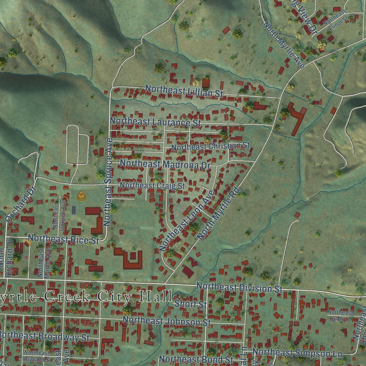 Close-up of the map of Myrtle Creek, Oregon print showing street and building detail