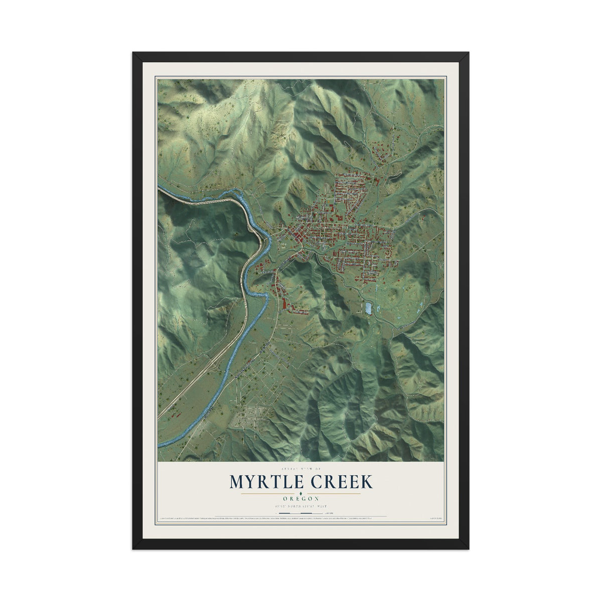 Map of Myrtle Creek, Oregon, 12 x 18 inch print in a black wood frame