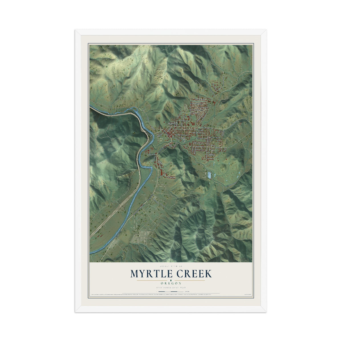 Map of Myrtle Creek, Oregon, 12 x 18 inch print in a white wood frame